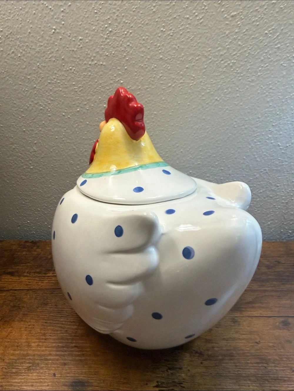 Coco Dowley Ceramic Chicken Cookie Jar Canister Blue Polka dots Kitchen Storage